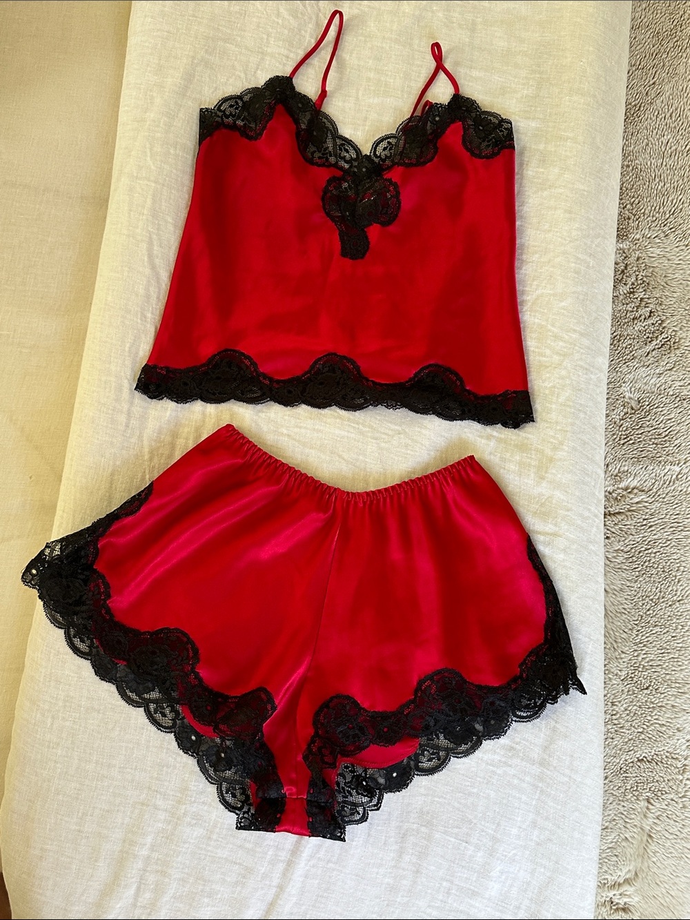 Victoria's Secret Red Satin Camisole & Lace-Trim Shorts Set